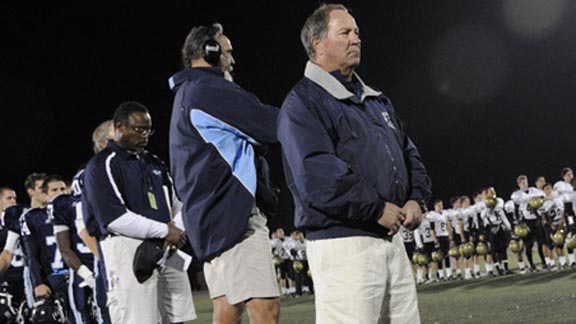 Bellarmine of San Jose head coach Mike Janda and longtime assistant John Amarillas are shown before start of a game vs. St. Francis of Mountain View. Photo: 49ers.com.