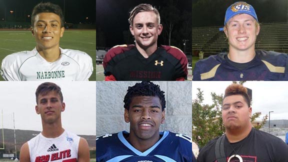 Six of the players who have been selected to the second team overall for all-state 2015 are Roman Ale of Narbonne, Brock Johnson of Mission Viejo, Justin Rice of Modesto Central Catholic, J.P. Shohfi of San Marino, Akil Jones of San Jose Valley Christian and Christian Haangana of Milpitas. Photos: OCSidelines.com, Mark Tennis, Twitter.com & 49ers.com.