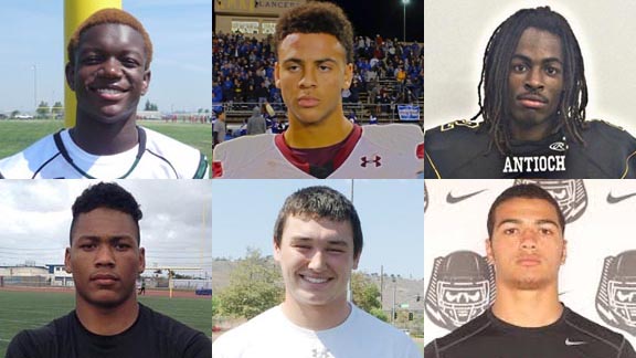 Six of those chosen to the 2015 Cal-Hi Sports All-State Football Team (first team overall) are Derrion Grim from McNair of Stockton, Michael Pittman of Oaks Christian, Najee Harris of Antioch, Mique Juarez from North of Torrance, Luke Wattenberg of JSerra and Troy Dye of Norco. Photos: Mark Tennis, #D1Bound.com,Twitter.com,WeAreSC.com,OCSidelines.com & StudentSports.com.