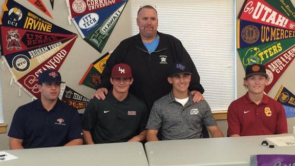 Players from Heritage who signed national letters of intent last November were Kevin Milam (St. Mary's), Dom Espino (Loyola Marymount), Alex Robinson (Univ. of Sioux Falls) and Austin Manning (USC). Head coach Kevin Brannan stands behind them. Photo: @HeritagePats/Twitter.com.