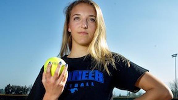 Pioneer of San Jose pitcher Holly Azevedo poses during practice almost exactly one year ago. She and team came one run short of having one of the greatest seasons in state history. Photo: Norbert von der Groeben/SportStars.