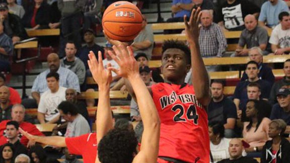 Marquis Moore gets off shot for Westchester of Los Angeles in game vs. Orange Lutheran at last Saturday's Nike Extravaganza. Photo: Patrick Takkinen/OCSidelines.com.