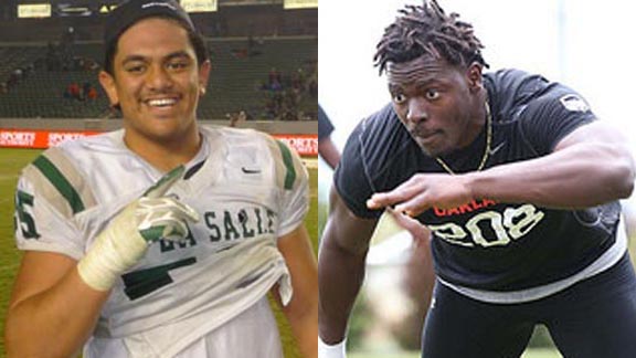 Both Boss Tagaloa (left) and teammate Devin Asiasi of CIF Open Division state champ De La Salle moved up in the final Class of 2016 player rankings as did the player in the final No. 1 slot, Oluwale Betiku (right) of Gardena Serra. Photos: Mark Tennis & Tom Hauck/StudentSports.com.