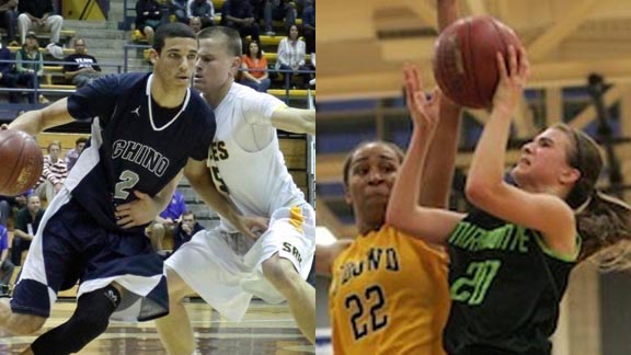 Lonzo Ball (Chino Hills) drives the key during last year's CIF Division I state final played at Haas Pavilion. Sabrina Ionescu (Miramonte) shoots in game vs. Bishop O'Dowd of Oakland. Photos: Willie Eashman & mhsmirador.com.