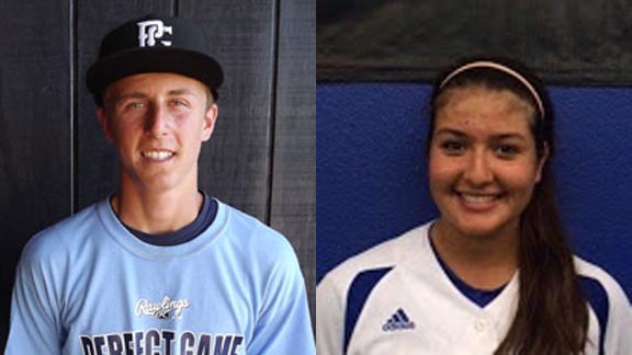 Two of this week's SoCal/NorCal Players of the Week are Daniel Caruso of L.A. Loyola & Victoria Cervantes of Escondido. Photos: perfectgame.org & socalbreakers.com.
