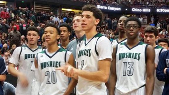 UCLA-bound Lonzo Ball is usually front and center directing the amazing show that is the Chino Hills boys basketball team. Photo: #D1Bound.com.