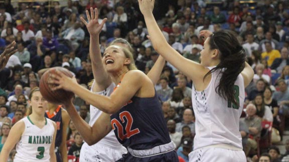 Valerie Higgins attacks the basket for Chaminade of West Hills in CIF Open Division state final vs previously unbeaten Miramonte. Photo: Willie Eashman.