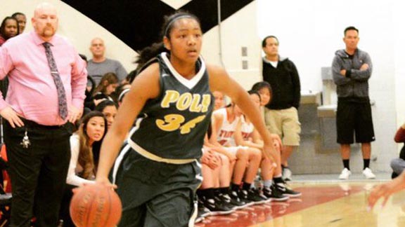 Jasmine Jones of No. 4 Long Beach Poly looks for openings during playoff game vs. Troy of Fullerton. Photo: Nicc Jackson/@wcgbmedia.