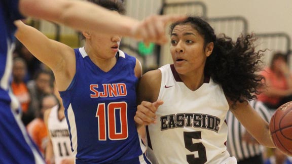 Standout sophomore Kayla Tahaafe drives the floor for Eastside College Prep during CIF D5 NorCal final on Saturday at American Canyon. Photo: Willie Eashman.