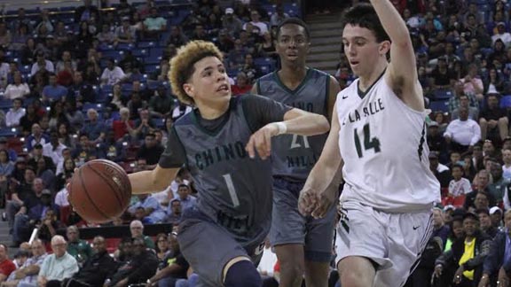 Chino Hills' LaMelo Bell looks to drive to the hoop with De La Salle's Colby Orr trying to defend during CIF Open Division final. Photo: Willie Eashman.