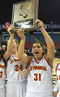 Lauren Craig (24) and Angie Ortiz of Sacramento St. Francis raise D1 NorCal title plaque after win vs. Castro Valley. Photo: Harold Abend.