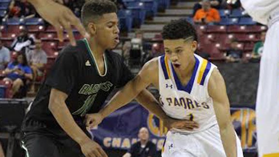 Senior point guard Lee Jones of San Mateo Serra dribbles against Long Beach Poly's Brandon Henry. Photo: Willie Eashman.