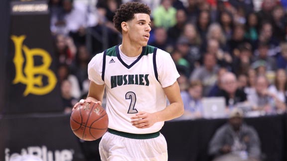Newly confirmed state career assists leader Lonzo Ball looks upcourt for Chino Hills in CIF SoCal Open Division final. Photo: Andrew Drennen.