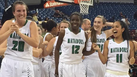 Miramonte starters Sabrina Ionescu (20), Uriah Howard (12) and Keanna delos Santos (11) react shortly after final buzzer vs. Pinewood. Photo: Mark Tennis.