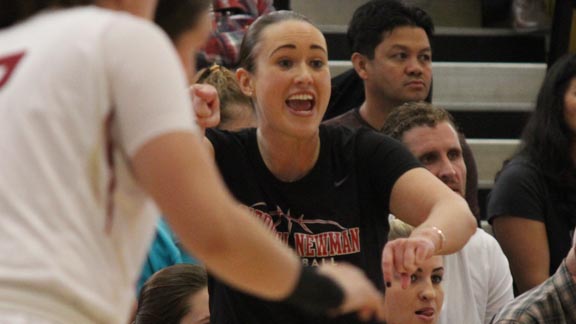 Cardinal Newman girls bb head coach Monica Mertle gets animated during CIF NorCal Division IV championship game. Photo: Willie Eashman.