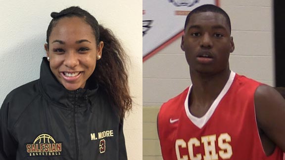 Leading their teams to major CIF Open Division upsets on Friday were Minyon Moore (left) and Brandon McCoy. Photos: Harold Abend & indihoops.com.