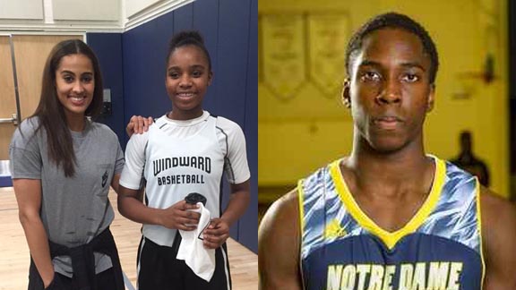 This week's SoCal girls honoree, freshman Charisma Osborne of L.A. Windward, stands with WNBA superstar Skylar Diggins in early February while this week's SoCal boys pick is Sherman Oaks Notre Dame's Chibueze Jacobs. Photos: Twitter.com & @ndhs_basketball.