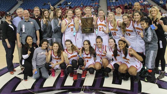 Players and coaches from St. Francis of Sacramento are shown after collecting CIF NorCal D1 regional title plaque. Photo: stfrancishs.org.