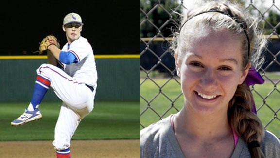 Two of this week's NorCal/SoCal Player of the Week honorees are Carson Schellenberg from Immanuel of Reedley and Megan Bower from Miramonte of Orinda. Photos: @ihsbaseball13/Twitter.com & Grapettes.com.