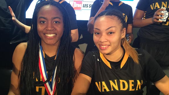 Julia Blackshell-Fair and Kiana Moore both had big games for Vanden in its triumph over Antelope in Saturday's SJS D2 final at Sleep Train Arena. Photo: Mark Tennis.