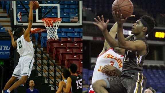 Manteca's Kenny Wooten (left) and Encino Crespi's Taj Regans both generate hang time during CIF Division III and Division I state championship games. Photos: Phillip Walton/SportStars & James Escarcega.