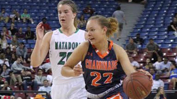 Valerie Higgins of No. 1 Chaminade dribbles up the court against Miramonte's Sabrina Ionescu during CIF Open Division final. Photo: Willie Eashman.