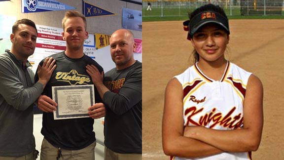 At left, Cal recruit Jared Horn from Vintage of Napa holds National Football Foundation Hall of Fame scholar-athlete award. At right, Noemi Farfan from Calvary Christian Academy of Chula Vista gets ready for game. Photos: @VHSATHLETICS/Twitter.com & ncsasports.org.