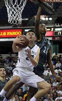 Concord De La Salle's Jordan Ratinho tries for the reverse layup during CIF state final vs. Chino Hills. Photo: Willie Eashman.