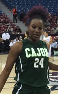 Four-year Cajon standout Kayla Washington leaves the court in her Cowgirls' jersey for the last time in final minute of CIF D2 state final. Photo: Mark Tennis.