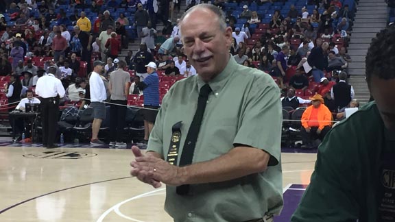 Head coach Mark Lehman from Cajon of San Bernardino is all smiles after his team won CIF Division II state championship on March 26 in Sacramento. Photo: Mark Tennis.