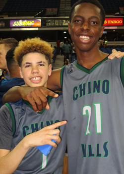 LaMelo Ball & Onyeka Okongwu of Chino Hills may be in the CIF Open Division playoffs for three more years. Photo: Ronnie Flores.