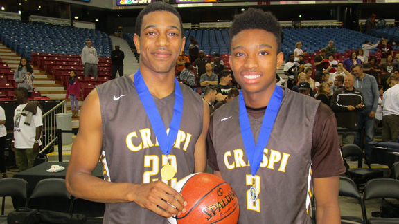 De'Anthony Melton (left) and Brandon Williams are all smiles after capturing their second consecutive CIF state title at Crespi of Encino. Melton's big senior season put him at No. 4 in the final 2016 Cal-Hi Sports Hot 100 and expect Williams to make movement in the 2018 Top 65. Photo: Ronnie Flores