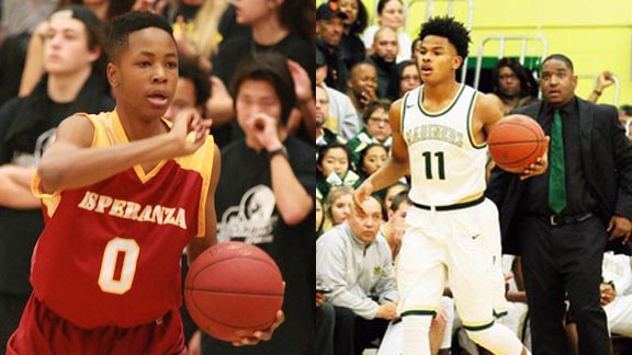 Two other all-state juniors are Kezie Okpala of Anaheim Esperanza and Damari Milstead of Hayward Moreau Catholic. Okpala was one of the top players in Orange County. Milstead has been all-state three times already in his career. Head coach Frank Knight stands behind him. Photos: Patrick Takkinen/OCSidelines.com & Twitter.com.