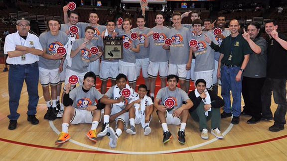 Santa Barbara head coach David Bregante (far left) stands with team after it won CIF Southern Section Class 2A title at The Honda Center. Photo: @SBHSDonsHoops/Twitter.com