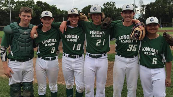 The five pitchers and catcher shown from Sonoma Academy are the ones responsible for four straight no-hitters and 27 2/3 consecutive no-hit innings. Photo: Harold Abend.