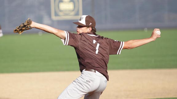 Taylor Dollard from Crespi of Encino delivers a pitch during his big-time outing in Mission League against Notre Dame of Sherman Oaks. Photo: James Escarcega.