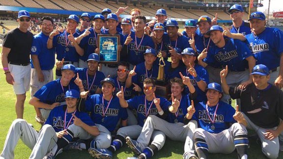 Players from El Camino Real of Woodland Hills collect their L.A. City Section championship gear last Saturday at Dodger Stadium. Photo: @ecrathletics/Twitter.com.