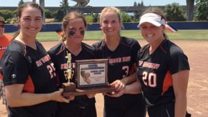 Half Moon Bay captains hold CCS D3 title trophy. Photo: Harold Abend.