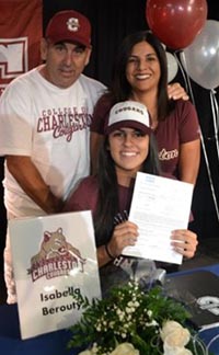 Isabella Berouty is one of three Rolling Hills Prep players headed to D1 colleges. She's with parents after signing with Charleston College. Nationally ranked Bald Knob of Arkansas has no D1-bound college players. Photo: RollingHillsPrep.org.