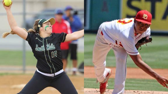 Two of this week's leading stat stars are pitchers Natalie Lugo from South Hills of Covina & Jeremiah Estrada of Palm Desert. Photos: Patrick Takkinen/OCSidelines.com & ProspectPipeline/Twitter.com.