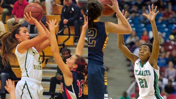 It was scoring and offense that put Santa Barbara's Amber Melgoza (right) on elite 30-player all-state squad while it was defense that stood out as much as offense for Stockton St. Mary's guard Mi'Cole Cayton. Photos: sbhsathletics.org & passthaball.com.