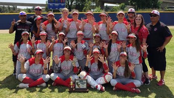 They are running out of fingers at San Benito of Hollister, which now has 10 CCS softball titles in 11 years following Saturday's win vs. Carlmont. Photo: Harold Abend.