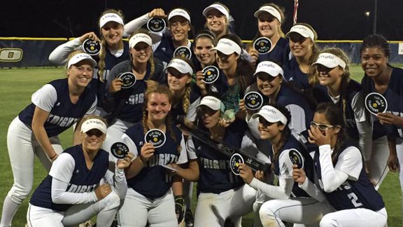 San Marcos players show off title patches after they won CIF San Diego Section Open Division title last Saturday. The team's top two players are sophs. Photo: @SoftballSMHS/Twitter.com.