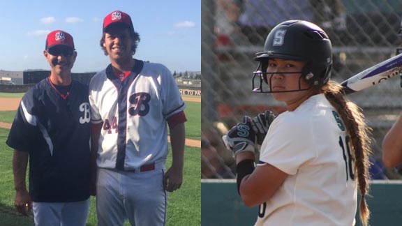 Jack Wiese from Beckman of Irvine stands with pitching coach Dave Goldstein after no-hitter last week. Sacramento Sheldon's Sarah Fukushima, meanwhile, has been ruining the ERA of pitchers. Photos: @BPatsBaseball/Twitter.com & John Hull/Elk Grove Citizen.