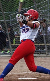 Alejandra Rascon hits game-winning homer for East Union of Manteca against Oakdale. Photo: Sean Kahler.