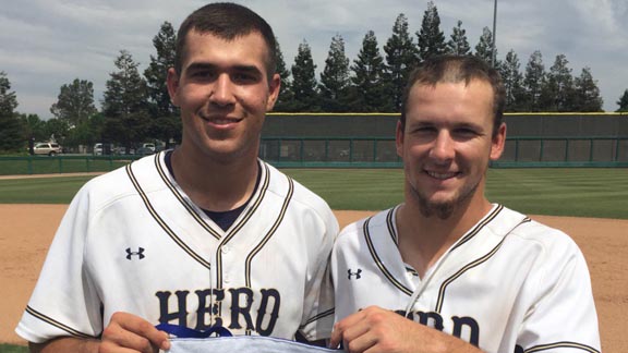 Dylan Carlson and Ryan Robards came through when they had to in leading Elk Grove past Tracy 8-1 in the third and deciding game of the CIF Sac-Joaquin Section D1 title series. Photo: Mark Tennis.