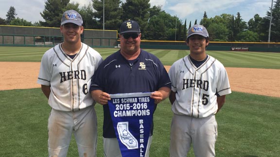 St. Louis Cardinals' first-round pick Dylan Carlson stands with father, Jeff, and younger brother, Tanner, after Elk Grove won third straight section title. Photo: Mark Tennis.