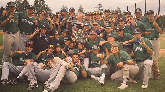 Concord De La Salle players celebrate after they won CIF North Coast Section Division I title with 7-3 victory last weekend over Castro Valley. Photo: @DLSBaseball/Twitter.com.