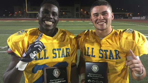 Tyran Daniels of Modesto Downey and Adam Herrera of Los Banos led the South team to a 28-20 win over the North in 43rd Lions All-Star Game in Tracy. Photo: Mark Tennis.