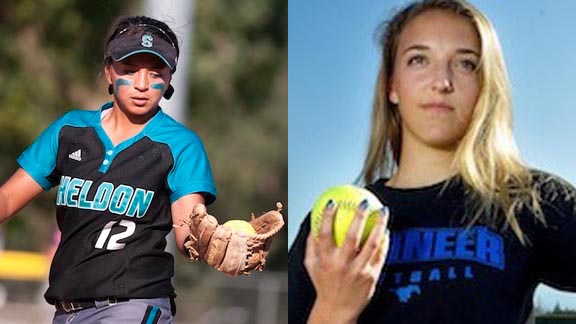 Two of those put up for Ms. Softball State Player of the Year this week are Jordan Fines & Holly Azevedo. Photos: James K. Leash & Norbert Vonder Groeben/SportStars.